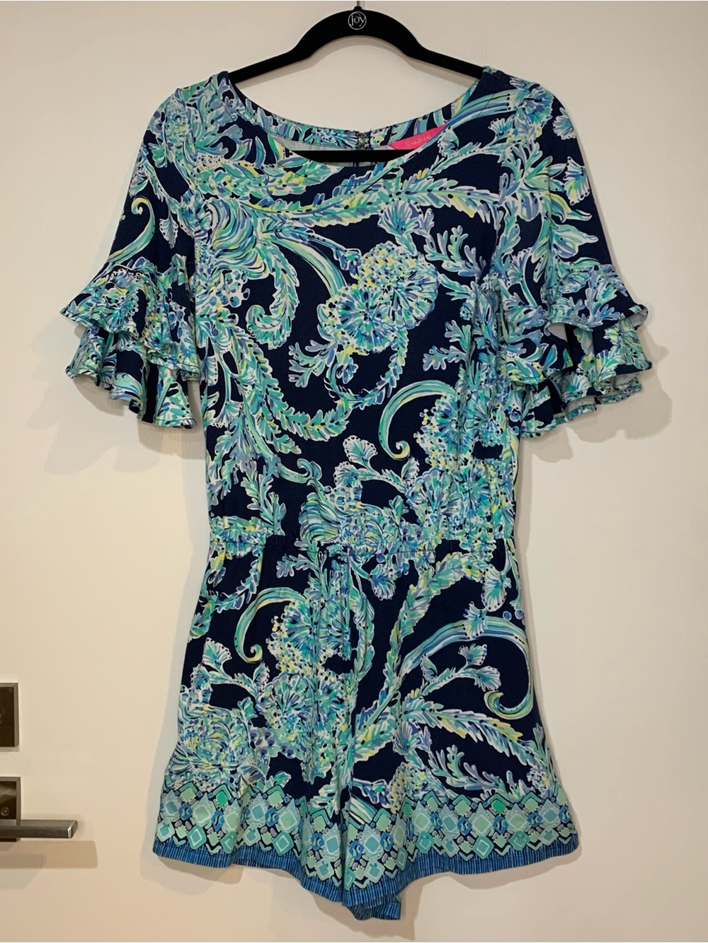 Lilly Pulitzer LULA ROMPER Women Small Blue Floral High Tide Ruffle Sleev Shorts